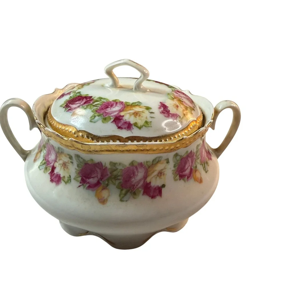 PK Silesia Sugar Bowl Antique Porcelain Pink Roses Cottagecore Victorian